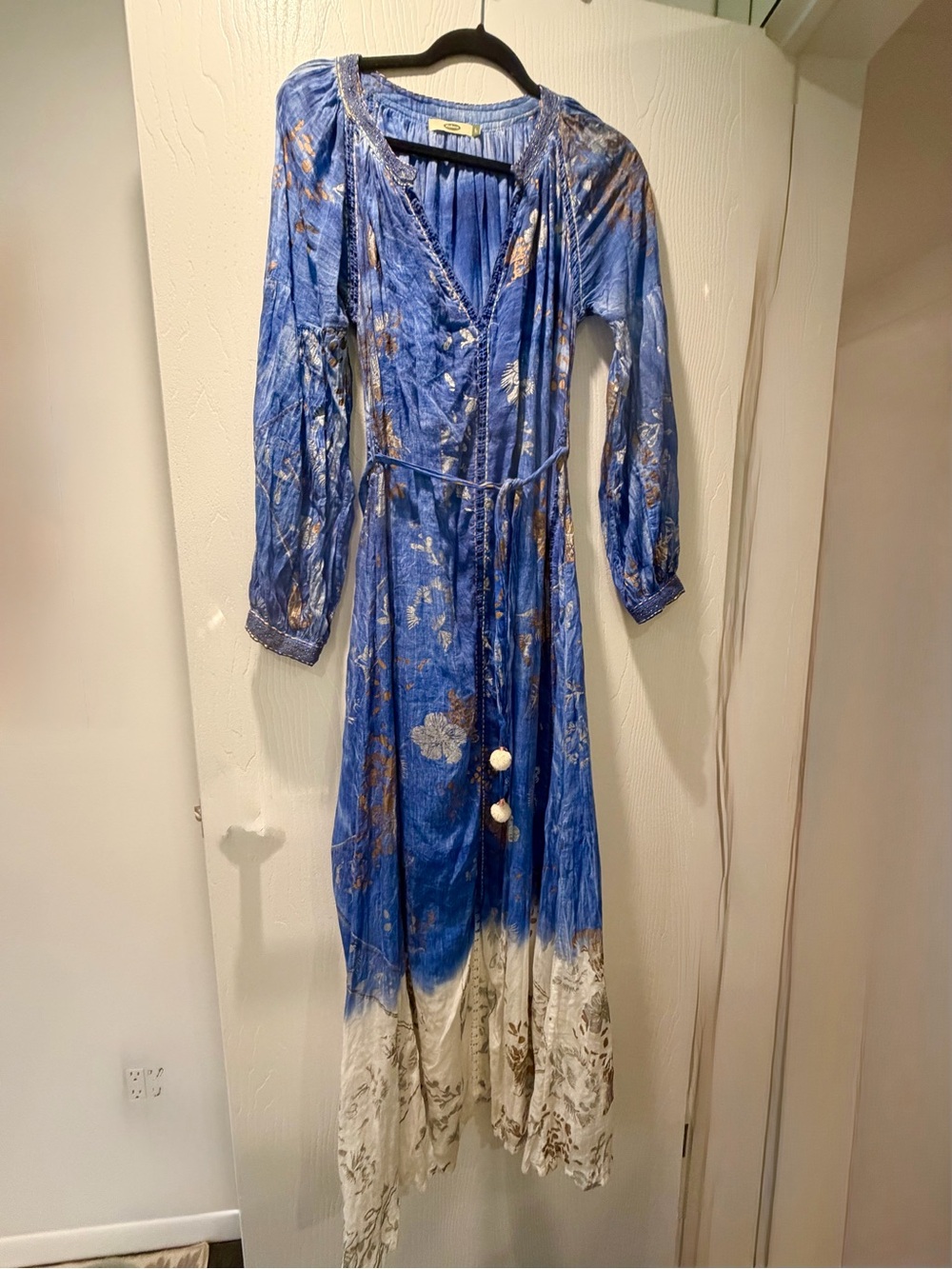 Dolma Tie-Waist Midi Dress in Blue and Cream